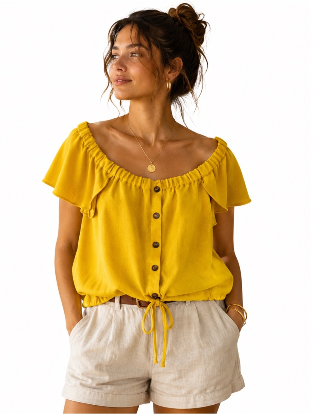 HYFVE Mustard Yellow Off-Shoulder Button Tie-Hem Top